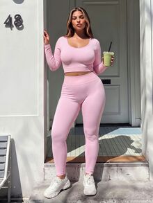 SHEIN Sovereign Charm Women's Plus Size Solid Color Long Sleeve T-Shirt And Leggings Sports Set - Pink - View 5