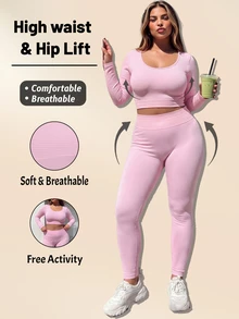 SHEIN Sovereign Charm Women's Plus Size Solid Color Long Sleeve T-Shirt And Leggings Sports Set - Pink - View 1