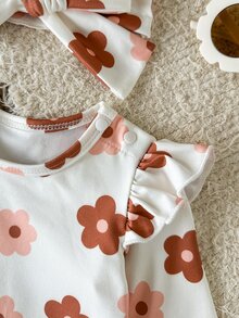 SHEIN 2pcs Baby Girls Long Sleeve Romper Cute Vintage White Brown Floral Ruffle Bow Flutter Sleeve Round Neck Regular Photoshoot Fall Princess Cozy Ribbed - Multicolor - View 5
