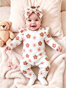 SHEIN 2pcs Baby Girls Long Sleeve Romper Cute Vintage White Brown Floral Ruffle Bow Flutter Sleeve Round Neck Regular Photoshoot Fall Princess Cozy Ribbed - Multicolor - View 2