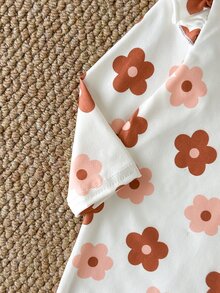 SHEIN 2pcs Baby Girls Long Sleeve Romper Cute Vintage White Brown Floral Ruffle Bow Flutter Sleeve Round Neck Regular Photoshoot Fall Princess Cozy Ribbed - Multicolor - View 8