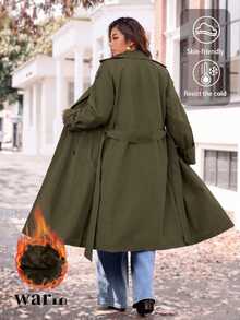 EMERY ROSE Plus Size Casual Long Plush Sleeve Double-Breasted Decorated Pocket Trench Coat - Army Green - View 2