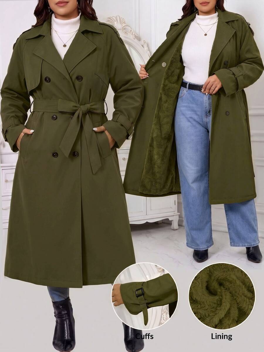EMERY ROSE Plus Size Casual Long Plush Sleeve Double-Breasted Decorated Pocket Trench Coat - Army Green - View 1