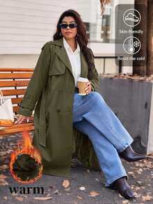 EMERY ROSE Plus Size Casual Long Plush Sleeve Double-Breasted Decorated Pocket Trench Coat - Army Green - View 3