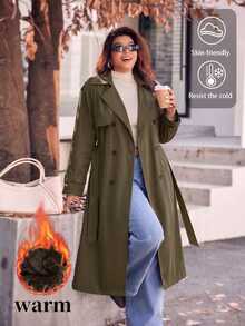 EMERY ROSE Plus Size Casual Long Plush Sleeve Double-Breasted Decorated Pocket Trench Coat - Army Green - View 6