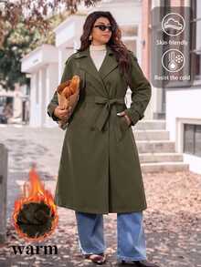 EMERY ROSE Plus Size Casual Long Plush Sleeve Double-Breasted Decorated Pocket Trench Coat - Army Green - View 5