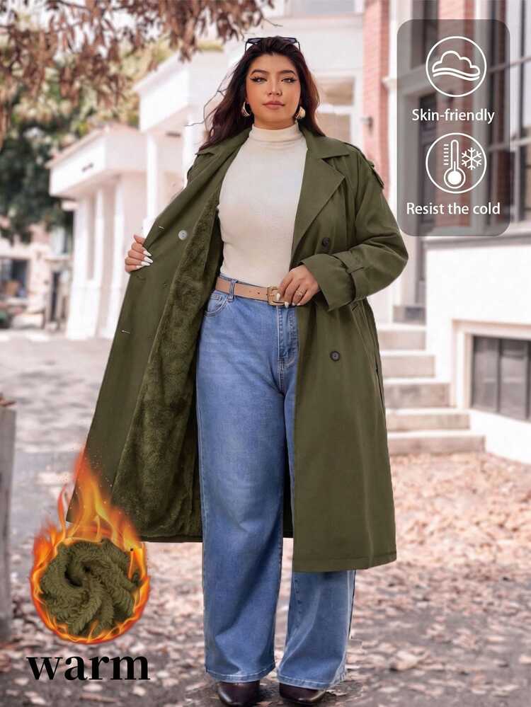 EMERY ROSE Plus Size Casual Long Plush Sleeve Double-Breasted Decorated Pocket Trench Coat - Army Green - View 4