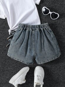 SHEIN Elladie kids 女童休闲褶裥长裤，侧边饰有蝴蝶结绑带。舒适的水洗蓝色牛仔腰部短裙，全新时尚街头风设计。 - 中等水洗藍 - 查看 2