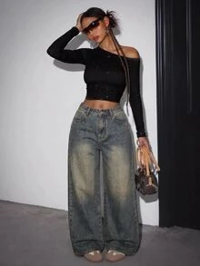 SHEIN MOD 大尺碼女款口袋寬腿鬆垮休閒牛仔褲 秋冬 正式 Y2K 百搭 萬聖節 節慶派對 校園 藍色 - 藍色 - 查看 5