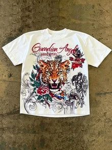 Resyla Men Kaos Pria Motif Hewan Leher Bulat Lengan Pendek Gaya Rave Club Putih Streetwear Musim Panas Grafis - MultiWarna - View 4