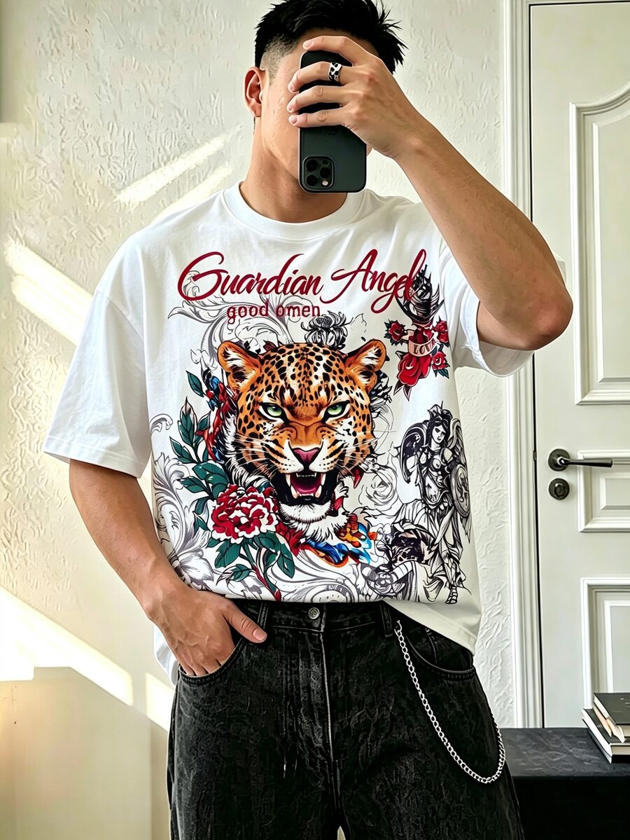 Resyla Men Kaos Pria Motif Hewan Leher Bulat Lengan Pendek Gaya Rave Club Putih Streetwear Musim Panas Grafis - MultiWarna - View 1