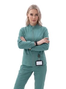 TaskEZ Zip Up Solid Scrub Coat - Teal Blue - View 6