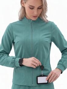 TaskEZ Zip Up Solid Scrub Coat - Teal Blue - View 9
