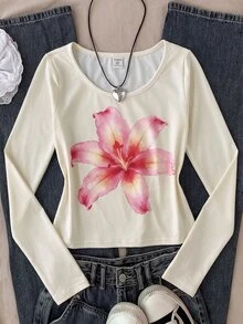 SHEIN Atasan Lengan Panjang Leher Bulat Bermotif untuk Anak Perempuan Remaja (Tween Girls) - Kuning - View 2
