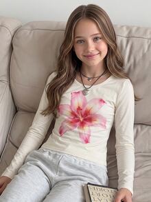 SHEIN Atasan Lengan Panjang Leher Bulat Bermotif untuk Anak Perempuan Remaja (Tween Girls) - Kuning - View 13