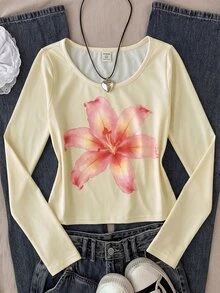 SHEIN Atasan Lengan Panjang Leher Bulat Bermotif untuk Anak Perempuan Remaja (Tween Girls) - Kuning - View 10