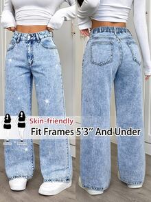 SHEIN PETITE CURVE Celana Jeans Denim Ukuran Besar dengan Saku, Kancing, dan Resleting untuk Musim Gugur/Dingin (Format, Bisnis, Chic, Basic, Goth, Halloween, Natal, Festival) PETITE CURVE Payet dan Rhinestone - Biru - View 8