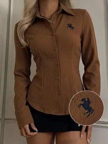 SHEIN EZwear 女款新款刺繡裝飾棕色修身長袖襯衫 辦公室秋季休閒學院風 - 棕色 - 查看 1