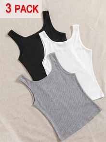 Solflare Spring/Summer Clothing Multi-Color White+Black+Grey 3-Color Fitted Plus Size Long Tank Top - Multicolor - View 3
