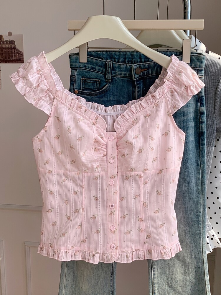 Comfortcana Women's Casual Comfortable Pink Floral Frill Trim Single-Breasted Shirt - Pink - View 3