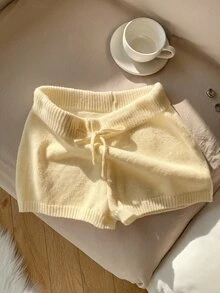 Comfortcana Solid Color High Waist Drawstring Casual Sweater And Shorts Set In Fall/Winter Lounge Cream White - Yellow - View 1
