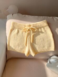 Comfortcana Solid Color High Waist Drawstring Casual Sweater And Shorts Set In Fall/Winter Lounge Cream White - Yellow - View 5