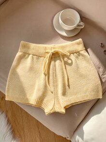 Comfortcana Solid Color High Waist Drawstring Casual Sweater And Shorts Set In Fall/Winter Lounge Cream White - Yellow - View 3