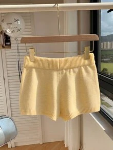 Comfortcana Solid Color High Waist Drawstring Casual Sweater And Shorts Set In Fall/Winter Lounge Cream White - Yellow - View 2