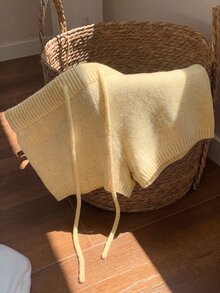 Comfortcana Solid Color High Waist Drawstring Casual Sweater And Shorts Set In Fall/Winter Lounge Cream White - Yellow - View 4