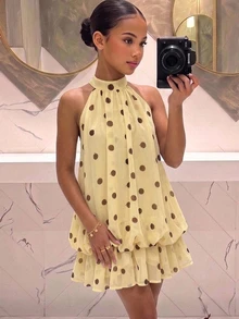 SHEIN 青少年女孩時尚街頭風旅行掛脖無袖波點洋裝 - 黃色 - 查看 12
