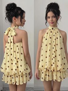 SHEIN 青少年女孩時尚街頭風旅行掛脖無袖波點洋裝 - 黃色 - 查看 9