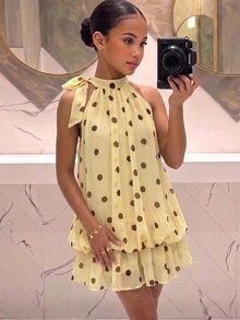 SHEIN 青少年女孩時尚街頭風旅行掛脖無袖波點洋裝 - 黃色 - 查看 1