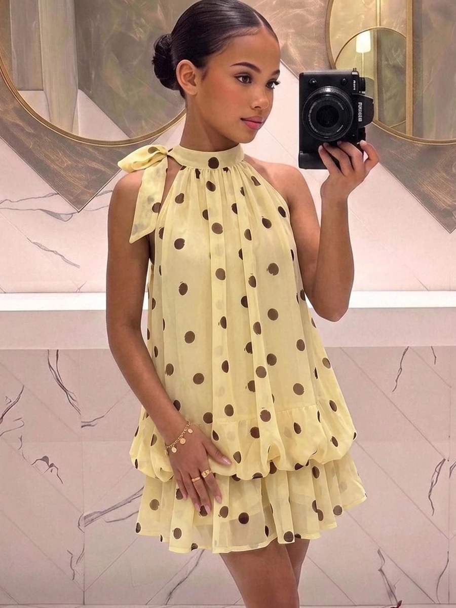 SHEIN 青少年女孩時尚街頭風旅行掛脖無袖波點洋裝 - 黃色 - 查看 1