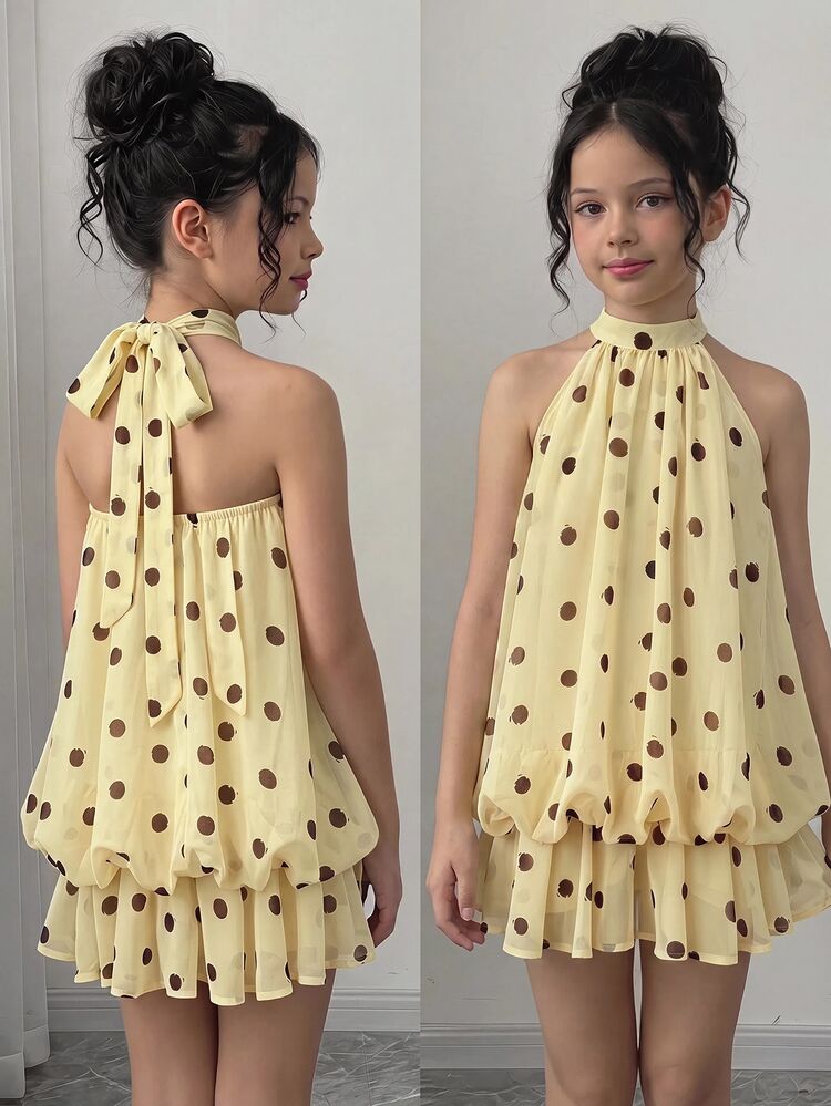 SHEIN Teen Girl Fashionable Streetwear, Travel Halter Neck Sleeveless Polka Dot Dress - Yellow - View 10