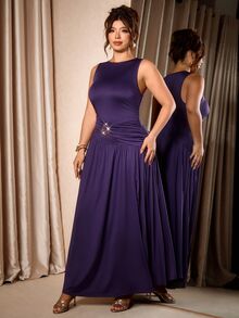 Cravure Plus Size French Elegant Sleeveless High Waist Slit Drape Long Dress - Purple - View 4