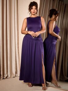 Cravure Plus Size French Elegant Sleeveless High Waist Slit Drape Long Dress - Purple - View 2