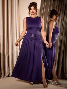 Cravure Plus Size French Elegant Sleeveless High Waist Slit Drape Long Dress - Purple - View 7