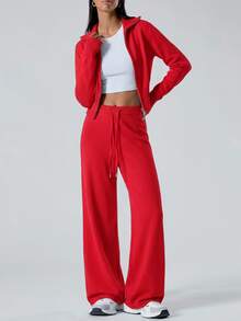 LYSMO Women's Casual Comfortable Red Long Sleeve Sweater And Pants 2 Pieces Set, Autumn/Winter - Red - View 3