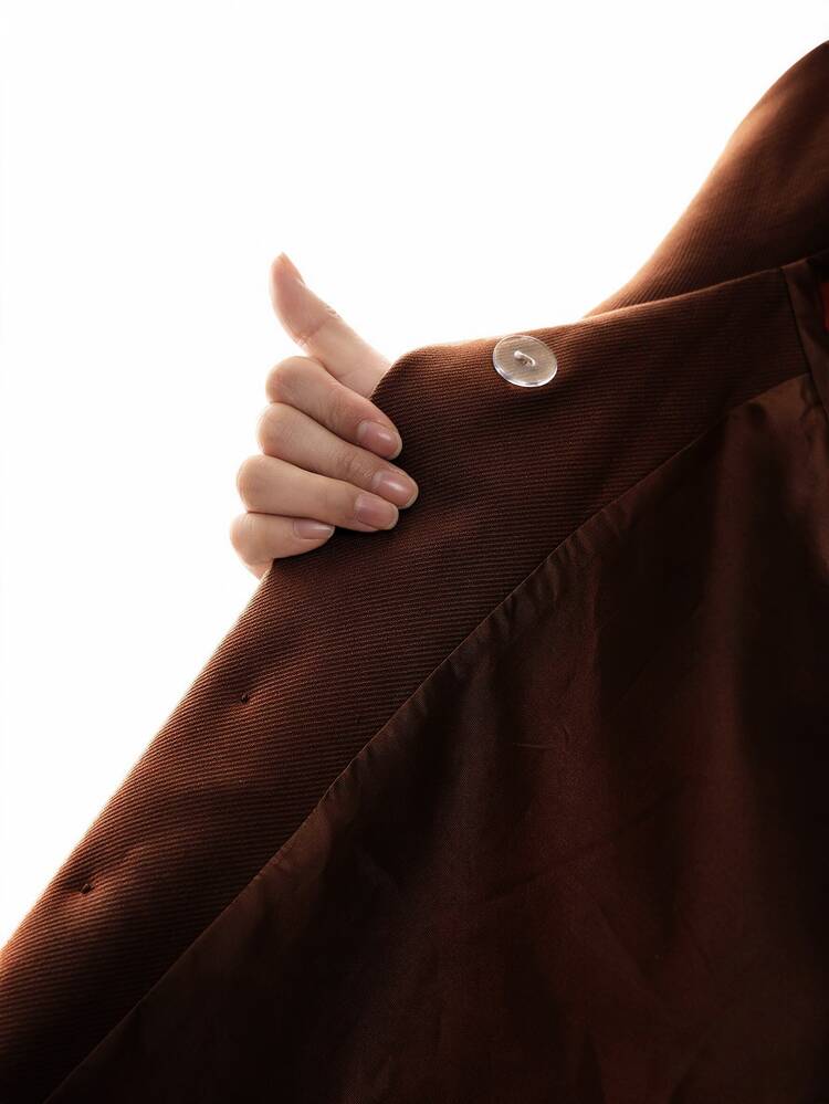 LYSMO Women's Casual Comfortable Coffee Brown Cropped Lapel Double-Breasted Trench Coat - Chocolate Brown - View 4