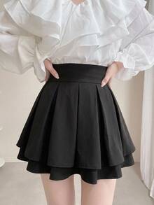 DAZY Women's Pleated Loose Casual Solid Color A-Line Skirt Petite Vacation - Black - View 3