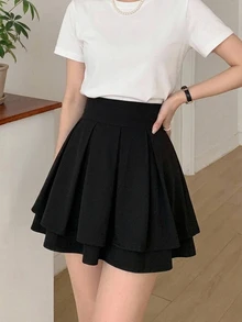 DAZY Women's Pleated Loose Casual Solid Color A-Line Skirt Petite Vacation - Black - View 4