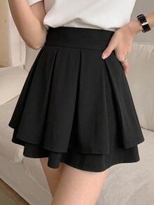 DAZY Women's Pleated Loose Casual Solid Color A-Line Skirt Petite Vacation - Black - View 5