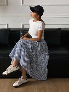 DAZY Women's Casual Plaid Cake Skirt Cute Tops Vacation - Blue - View 2