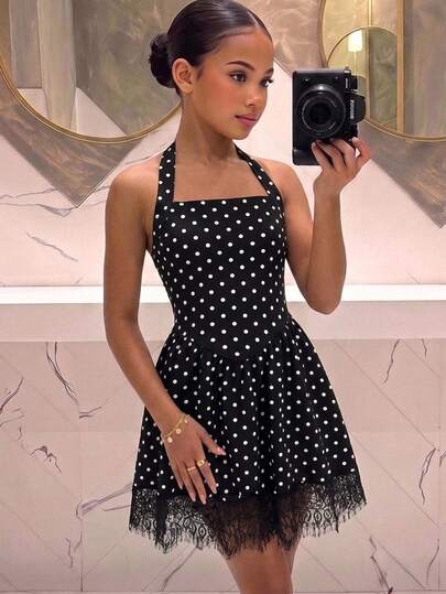SHEIN Kids Tween Girl Elegant Black White Polka Dot Print Party Dress Knitted Polka Dot Halter Neck A-Line Lace Hem Party Dress, Black Dress