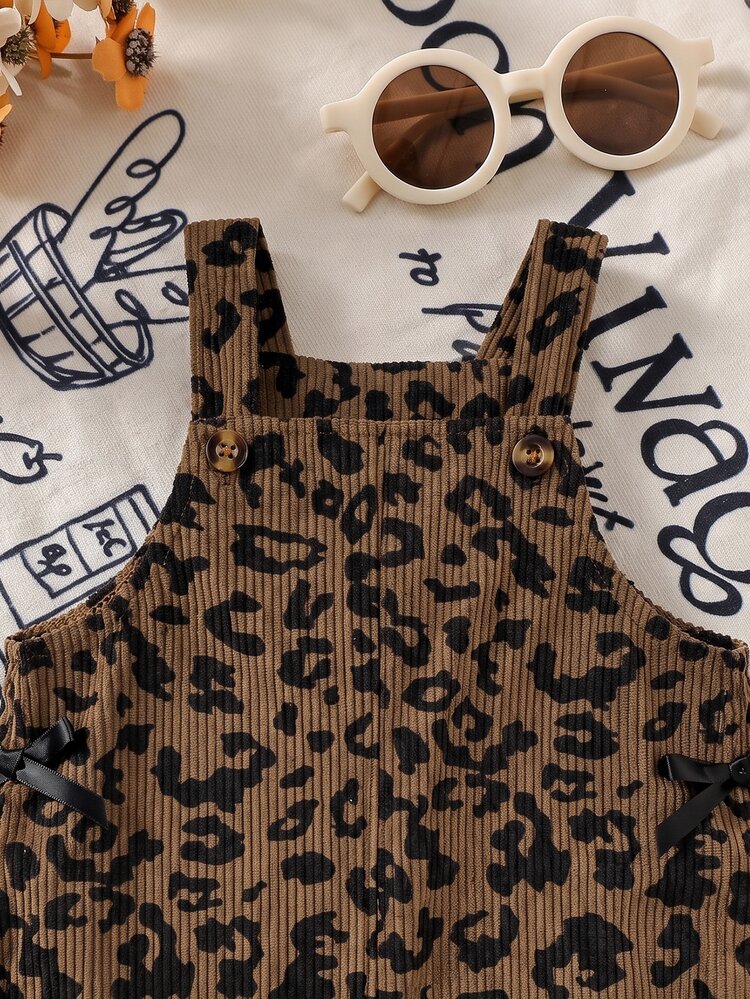 SHEIN Baby Girl Leopard Print Thick Corduroy Adjustable Strap Overalls With Contrast Bow Decor, Suitable For Winter Autumn - Brown - View 8