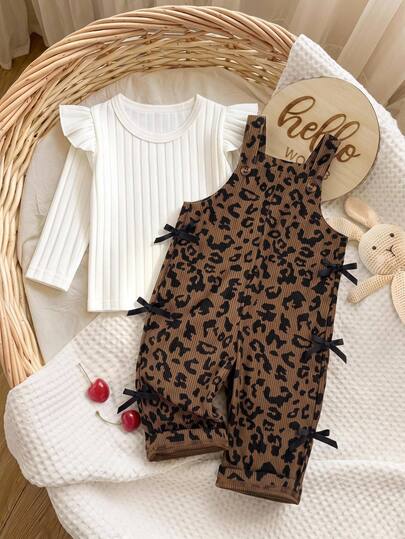 SHEIN Baby Girl Leopard Print Thick Corduroy Adjustable Strap Overalls With Contrast Bow Decor, Suitable For Winter