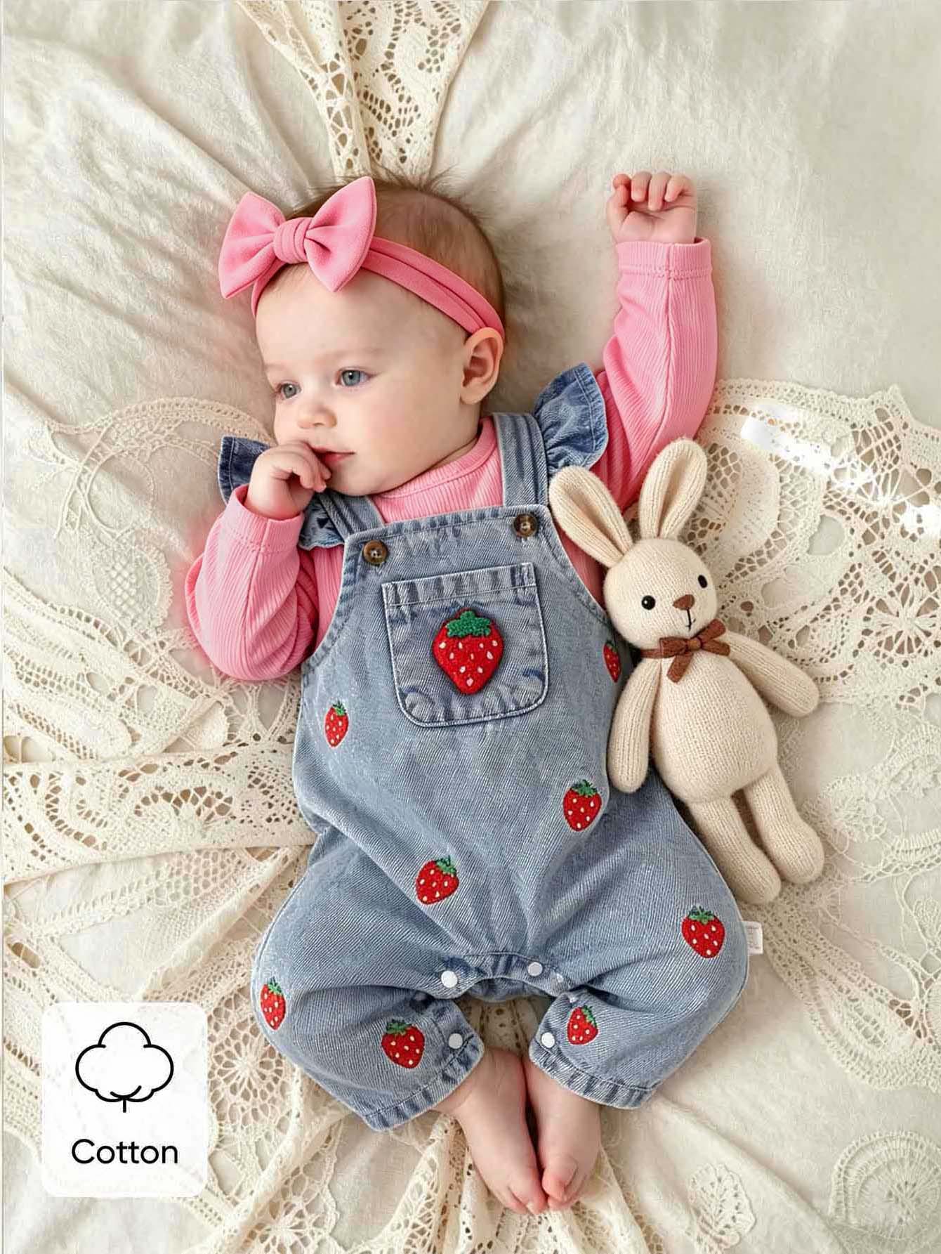 SHEIN 3件組女嬰牛仔吊帶褲，可愛粉藍草莓刺繡荷葉邊蝴蝶結長袖圓領棉質套裝，生日派對秋季假期穿搭