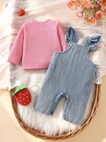 SHEIN 3件組女嬰牛仔吊帶褲，可愛粉藍草莓刺繡荷葉邊蝴蝶結長袖圓領棉質套裝，生日派對秋季假期穿搭 - 粉色 - 查看 3