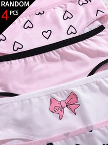 [4pcs Random] All Season Back To School Cute Girl Pattern Printed Pink Eyes Bow Heart Color Scheme Triangle Panties For Girls - Multicolor - View 4