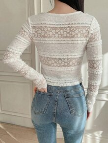 DAZY Women's V-Neck Long Sleeve Button Design Elegant Blouse - Apricot - View 8